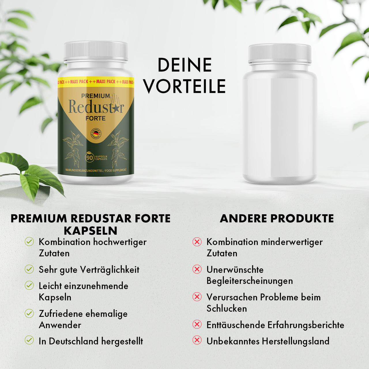 Premium Redustar Forte comparison chart showing advantages over other capsule products