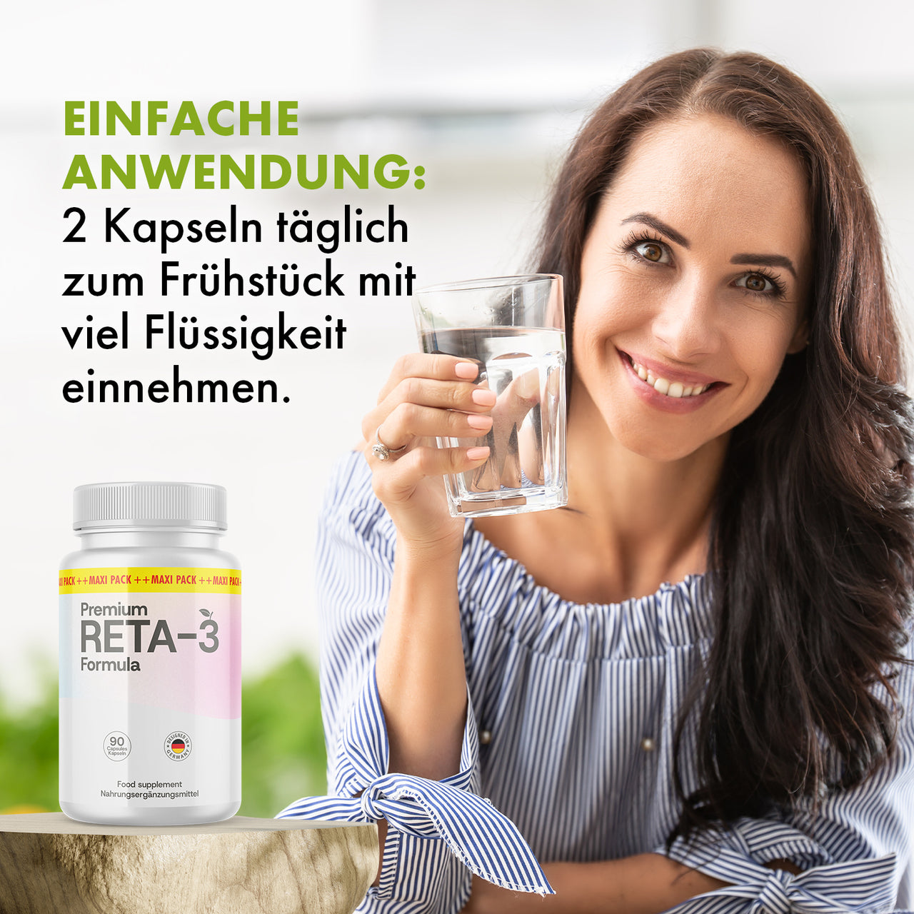 Frau hält Wasserglas neben Reta-3 Formula Dose mit 90 Kapseln und sichtbarem Einnahmehinweis