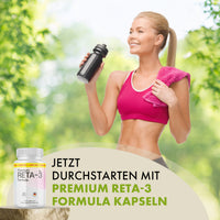 Thumbnail for Frau hält Trinkflasche und Handtuch neben Reta-3 Formula Dose mit 90 Kapseln und großem Textfeld