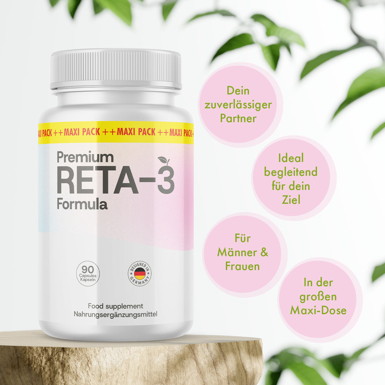 Weiße Dose Reta-3 Formula mit 90 Kapseln auf Holzpodest und vier rosa Infokreisen rechts