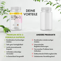 Thumbnail for Vergleichsgrafik mit Reta-3 Formula Dose, anderer Dose, Vorteilslisten und Bewertungssymbolen
