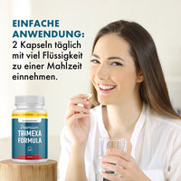 Thumbnail for Frau mit Kapseln und Wasserglas neben Trimexa Formula Dose, Einnahmehinweis: 2 Kapseln täglich