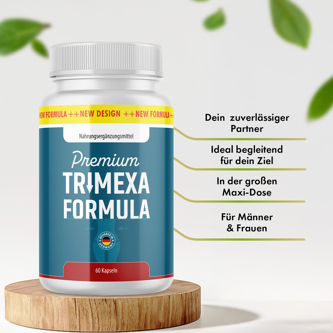 Trimexa Formula Dose mit blauem Etikett, 60 Kapseln und vier sichtbaren Produktmerkmalen daneben