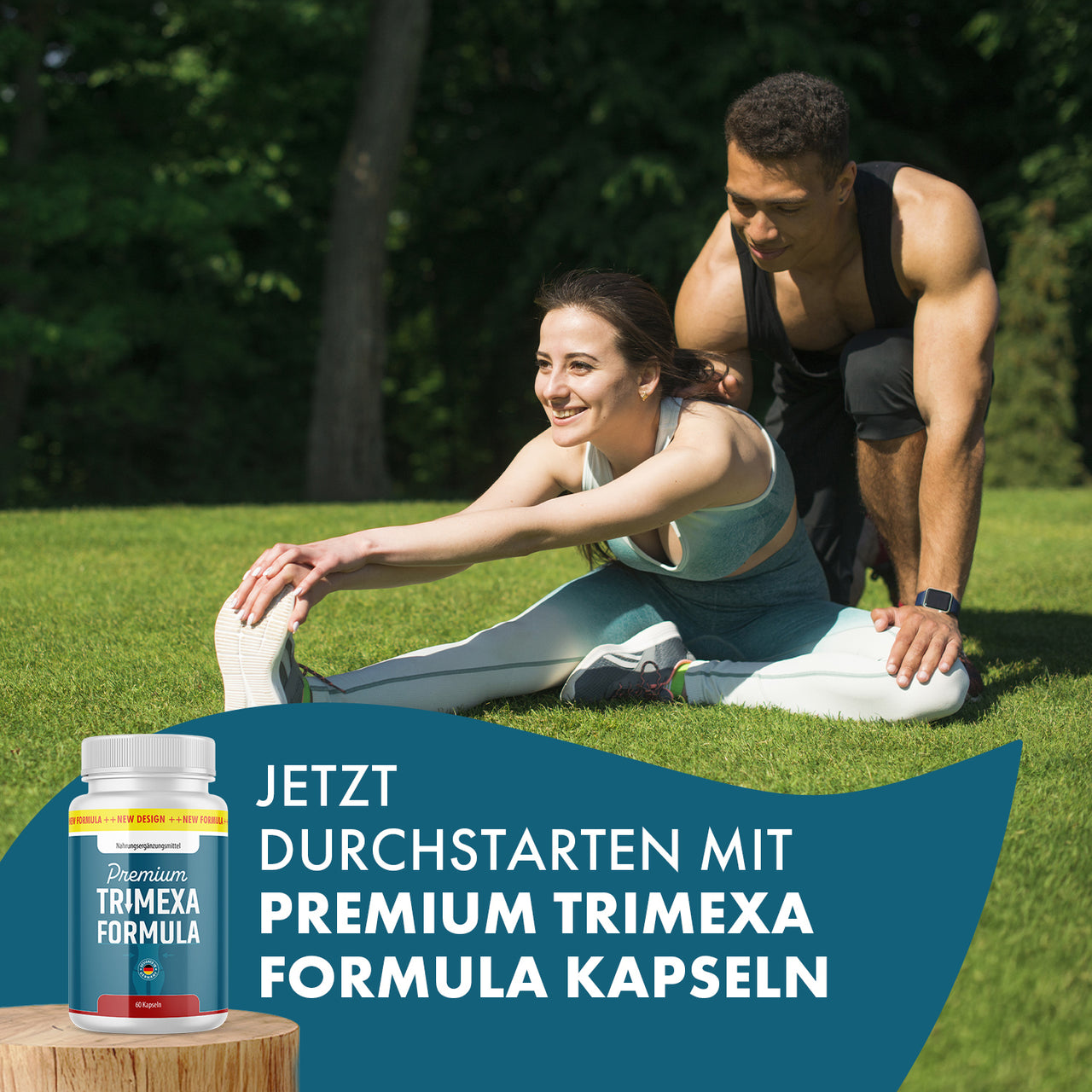 Frau dehnt sich auf einer Wiese, Mann hilft dabei, daneben Dose Trimexa Formula mit Werbeschrift