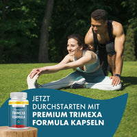 Thumbnail for Frau dehnt sich auf einer Wiese, Mann hilft dabei, daneben Dose Trimexa Formula mit Werbeschrift