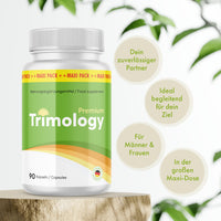 Thumbnail for Trimology Premium Dose mit 90 Kapseln auf Holzfläche und runden Hinweisfeldern
