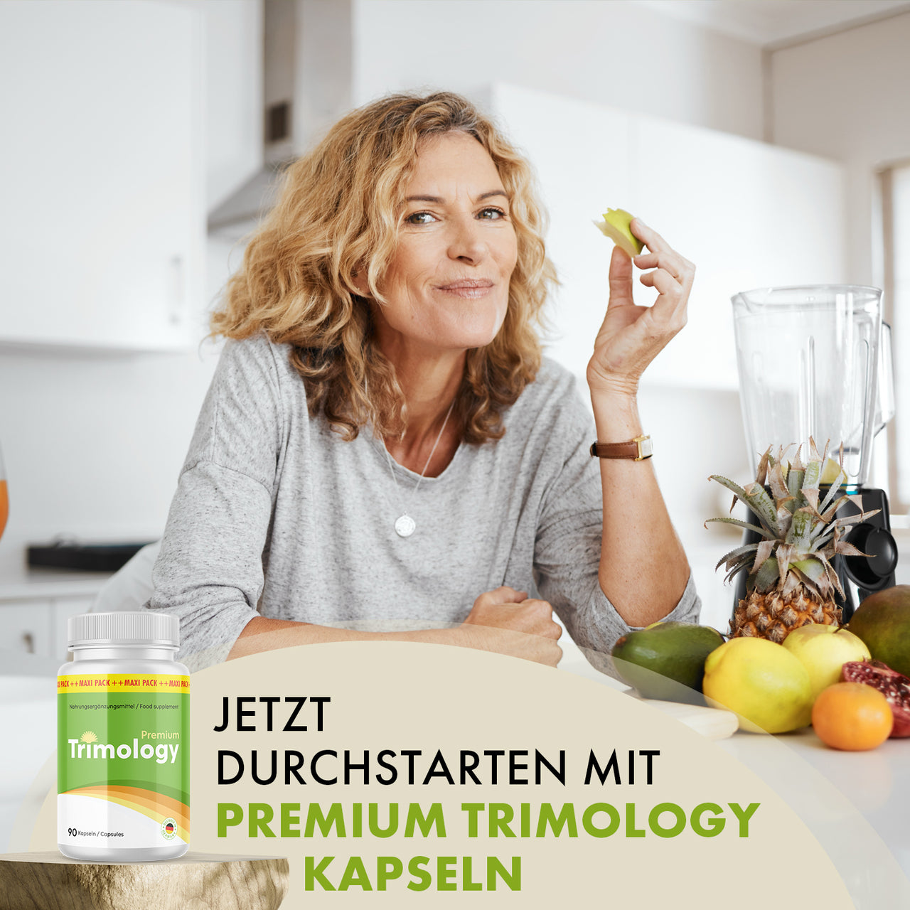 Frau in Küche mit Obst neben Trimology Premium Dose und großem Produkttext
