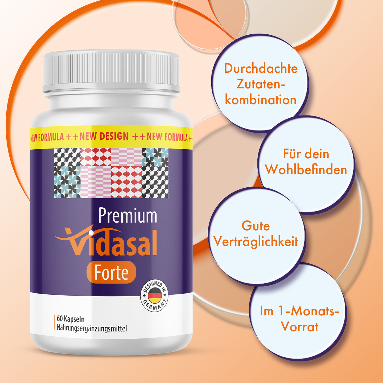 Premium Vidasal Forte mit vier Textkreisen auf orangefarbenem Hintergrund