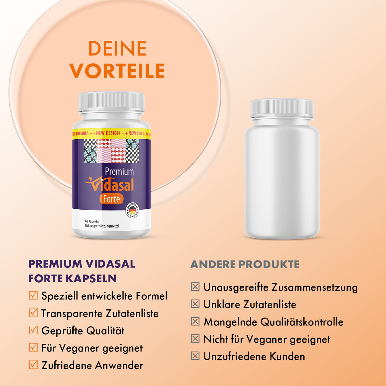 Premium Vidasal Forte und zweite Dose mit Vergleichslisten unter „Deine Vorteile“