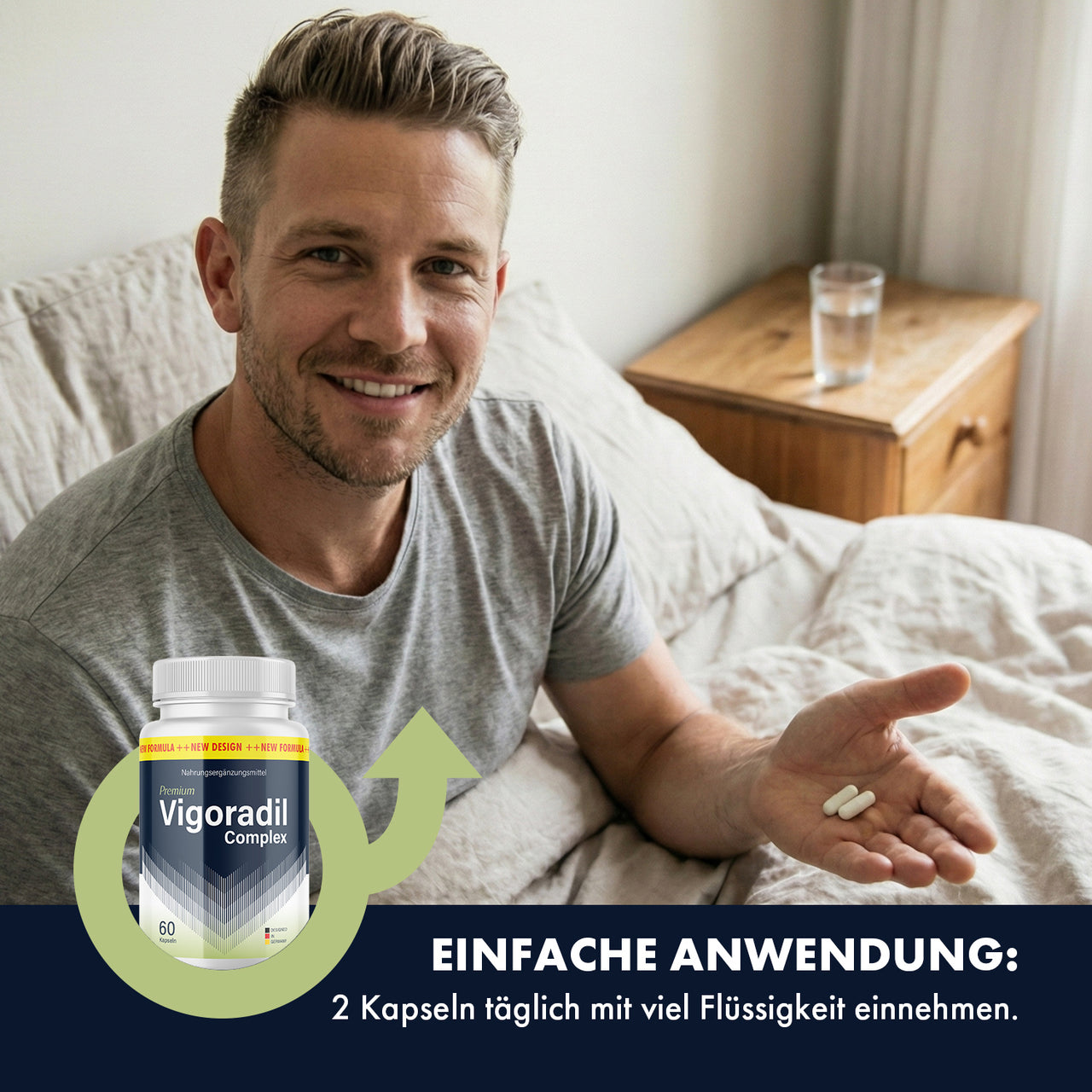 Mann hält zwei Kapseln in der Hand neben Vigoradil Complex und Einnahmehinweis zu 2 Kapseln täglich

