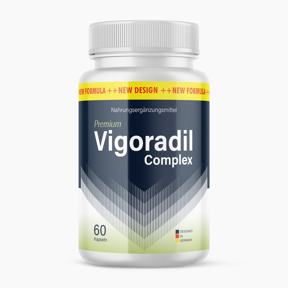 Dose Vigoradil Complex Nahrungsergänzungsmittel mit 60 Kapseln und dunkelblau-grünem Etikett

