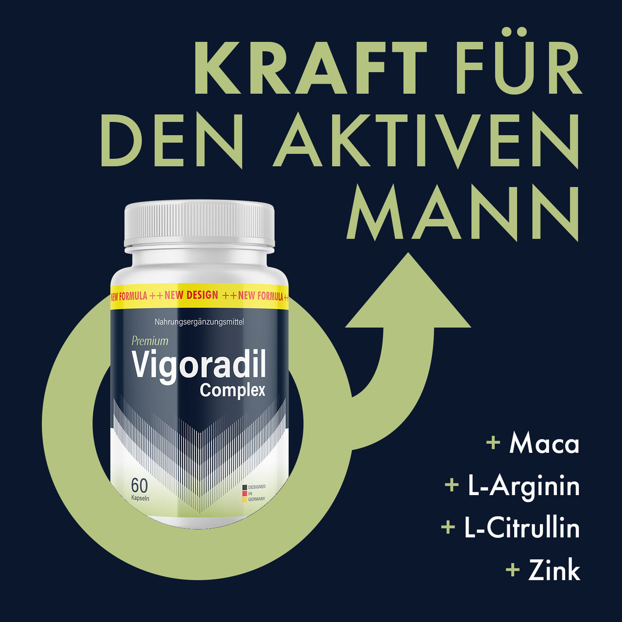 Vigoradil Complex Dose vor Männersymbol mit Hinweis auf Maca, L-Arginin, L-Citrullin und Zink
