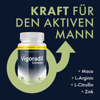 Thumbnail for Vigoradil Complex Dose vor Männersymbol mit Hinweis auf Maca, L-Arginin, L-Citrullin und Zink
