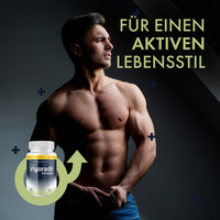 Thumbnail for Vigoradil Complex Dose neben Mann mit freiem Oberkörper und Schriftzug Für einen aktiven Lebensstil
