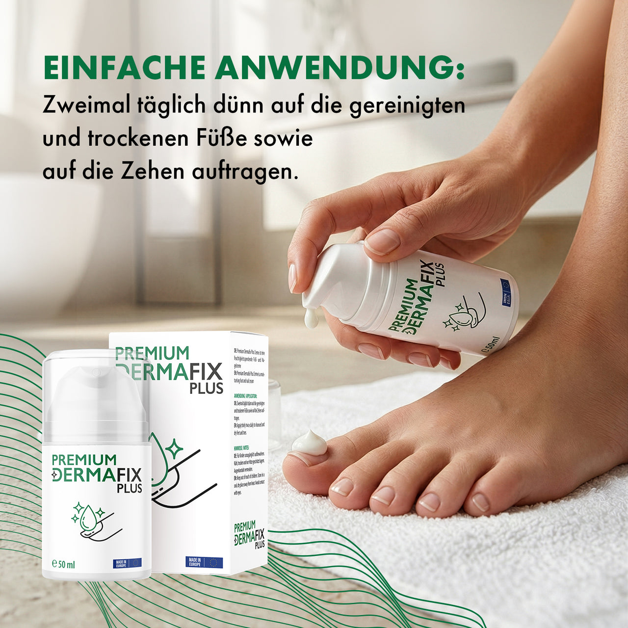 Premium Dermafix Plus wird auf Zehen aufgetragen, mit Produktabbildung und Anwendungshinweis
