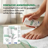 Thumbnail for Premium Dermafix Plus wird auf Zehen aufgetragen, mit Produktabbildung und Anwendungshinweis