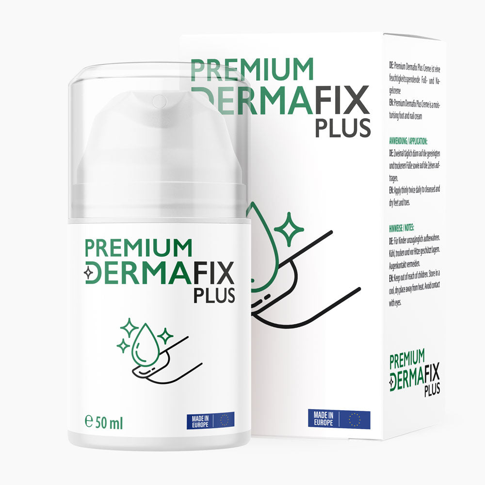 Weißer Pumpspender Premium Dermafix Plus neben Verpackung, Produktdarstellung für Hautpflege