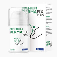 Thumbnail for Weißer Pumpspender Premium Dermafix Plus neben Verpackung, Produktdarstellung für Hautpflege