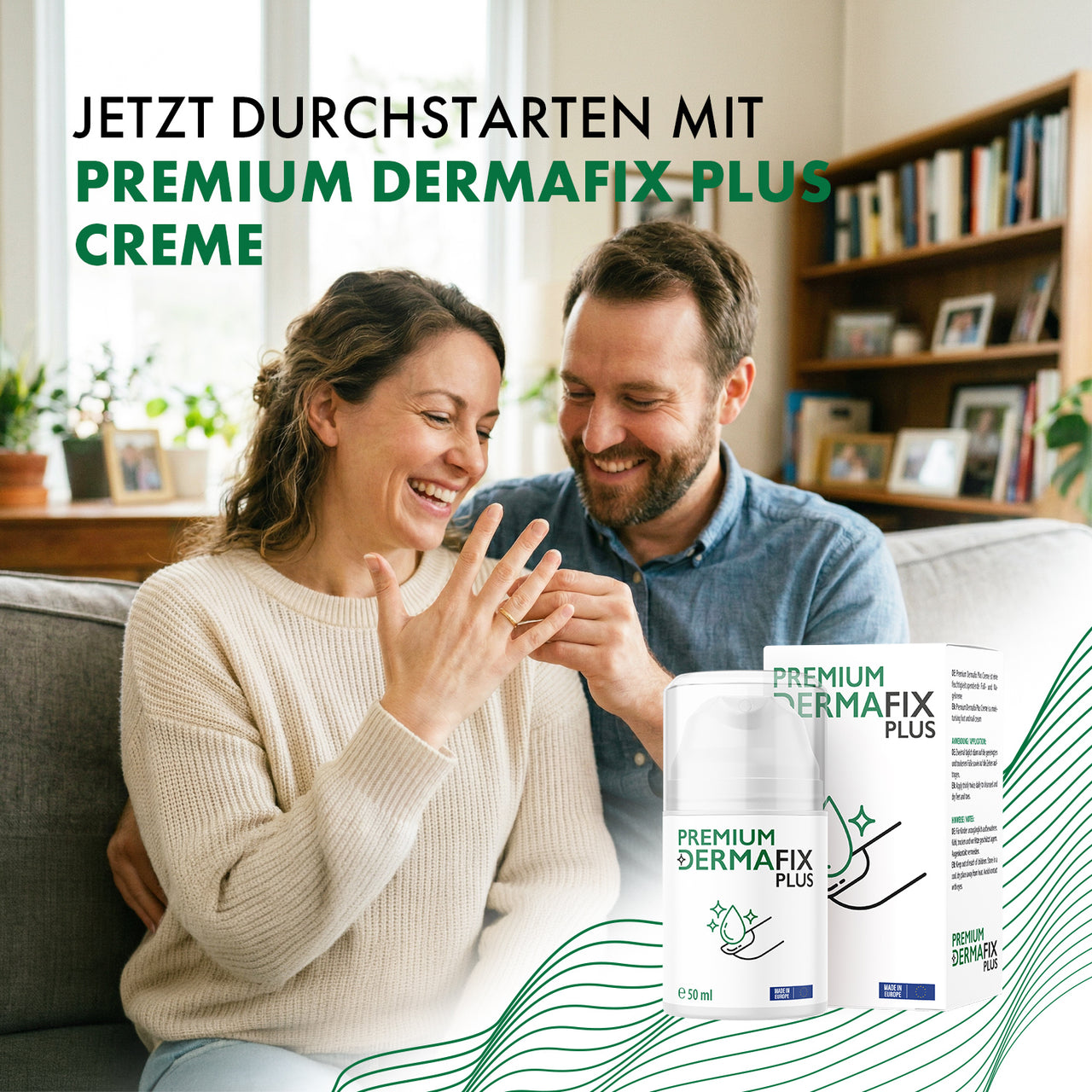 Paar auf Sofa betrachtet Hand, eingeblendet Premium Dermafix Plus Creme mit Produktverpackung