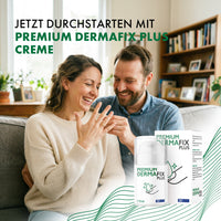 Thumbnail for Paar auf Sofa betrachtet Hand, eingeblendet Premium Dermafix Plus Creme mit Produktverpackung