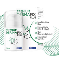 Thumbnail for Premium Dermafix Plus als Pumpspender mit Verpackung und Hinweisen zu Haut, Füßen und Nägeln