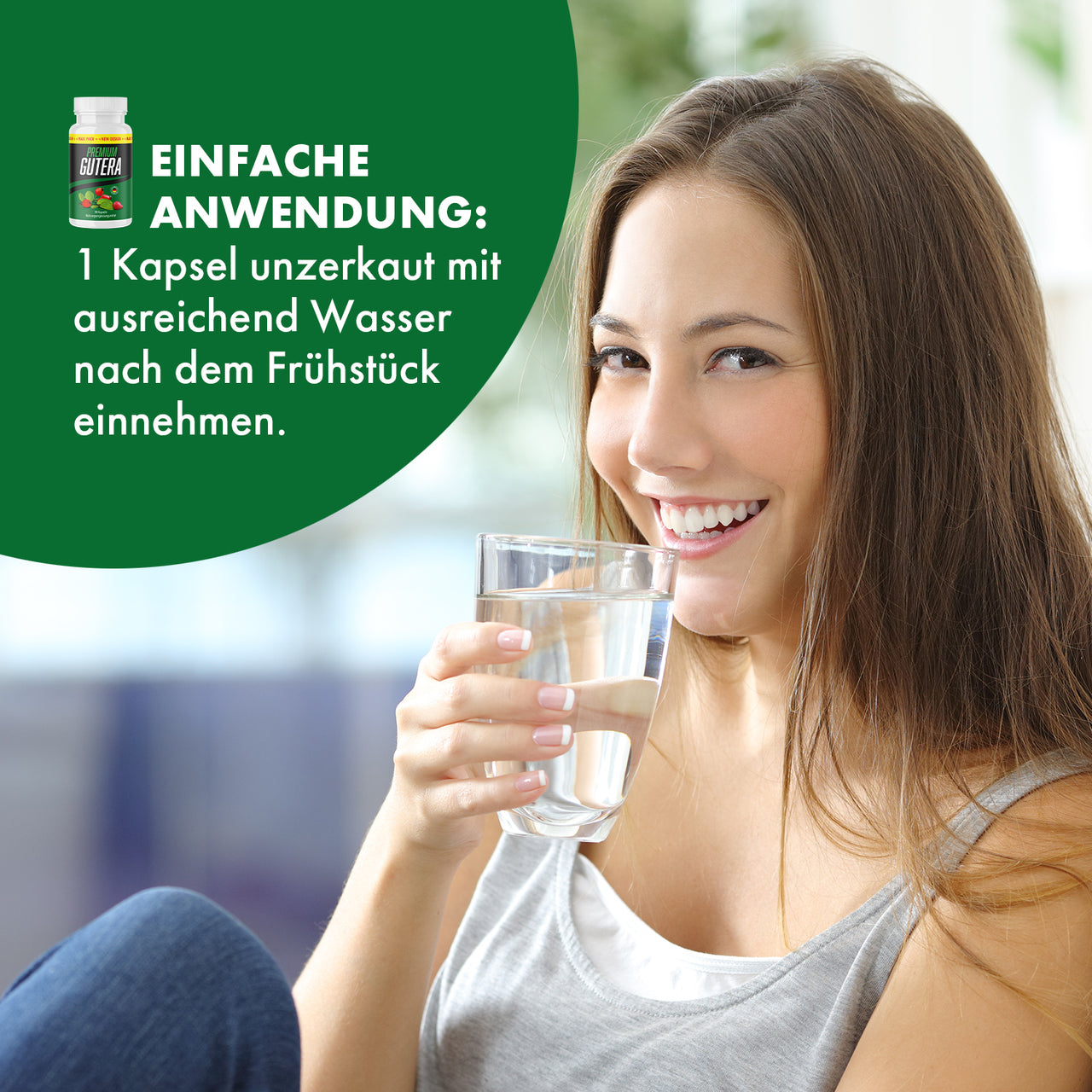 Premium Gutera Anwendungshinweis mit Frau, Wasserglas und Empfehlung zur Einnahme nach Frühstück