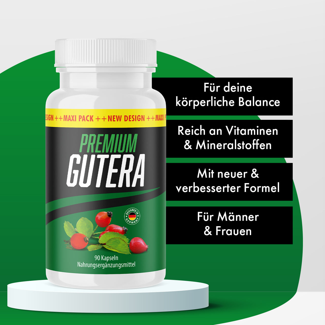 Premium Gutera Kapseldose auf Podest mit Hinweisen zu Balance, Vitaminen und Mineralstoffen