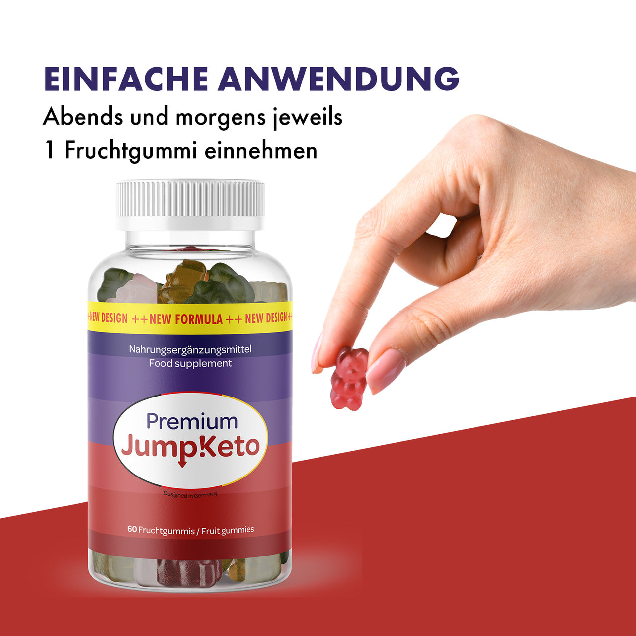 Hand hält rotes Fruchtgummi neben Premium Jump!Keto Dose mit einfachem Anwendungshinweis oben