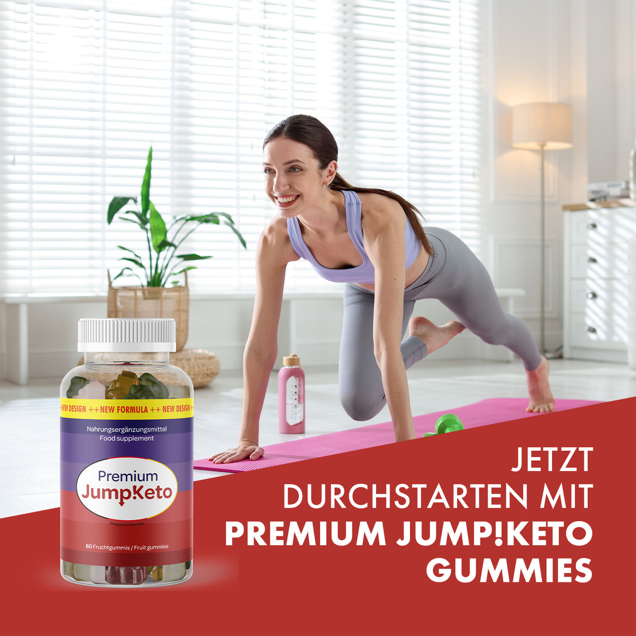 Frau trainiert auf Yogamatte im hellen Raum, links Premium Jump!Keto Gummies Dose im Vordergrund