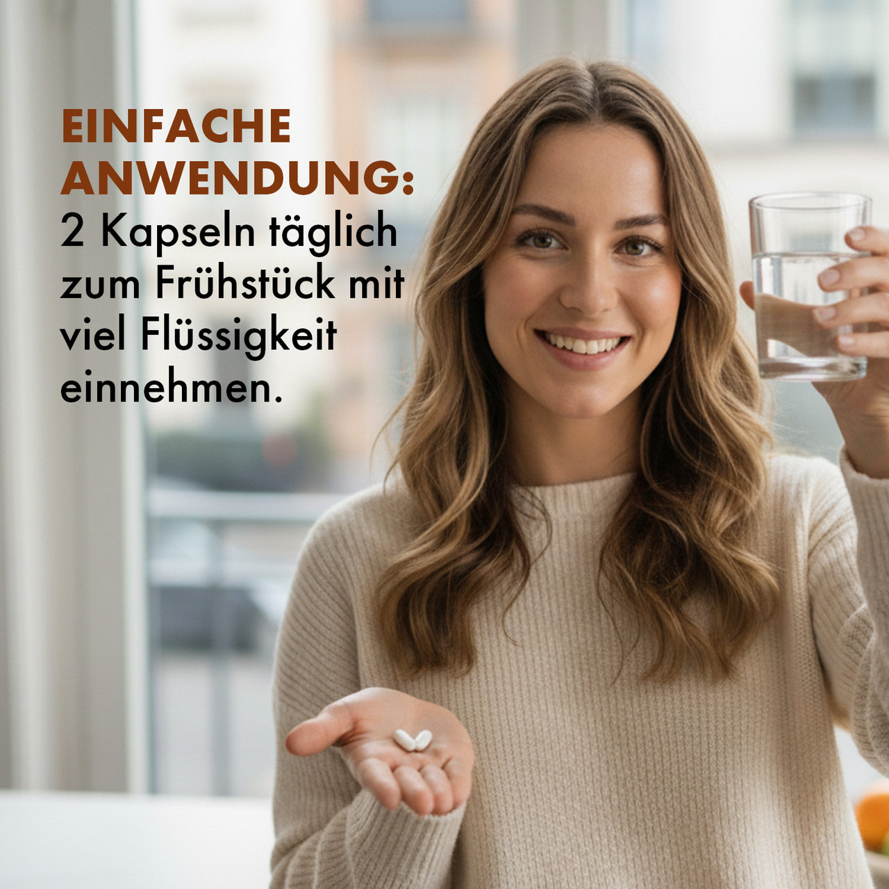 Premium Leanify Keto Plus Anwendungsgrafik mit Frau, Wasserglas und Hinweis zu 2 Kapseln täglich