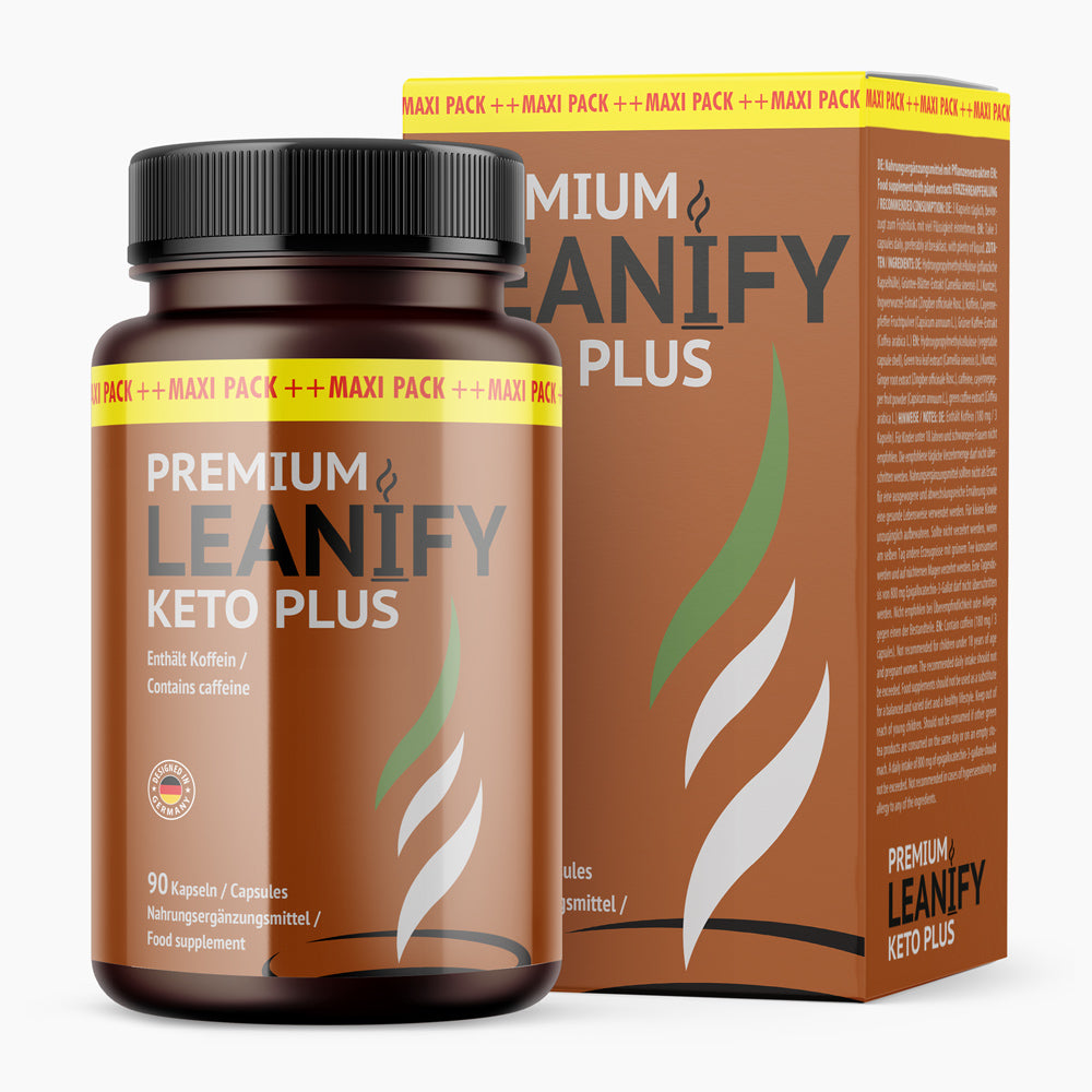 Produktbild von Premium Leanify Keto Plus mit Koffein-Hinweis, 90 Kapseln und brauner Faltschachtel
