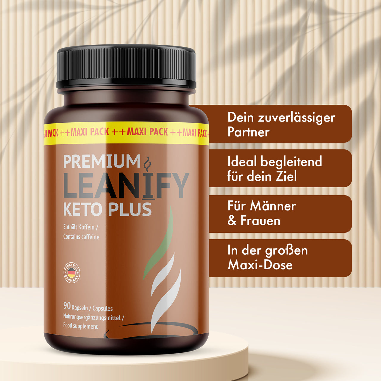 Leanify Keto Plus Nahrungsergänzung mit Koffein-Hinweis, 90 Kapseln und Produktvorteilen