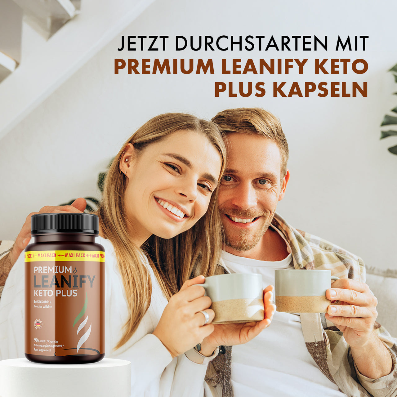 Leanify Keto Plus Nahrungsergänzung mit Paar im Alltag, Produktdose und Durchstarten-Text