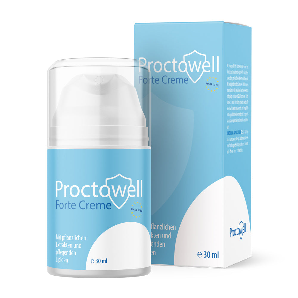 Blau-weiße Pumpflasche mit Schrift Proctowell Forte Creme vor passender Faltschachtel