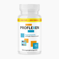 Thumbnail for Dose mit Aufschrift Proflexen, 90 Kapseln und geometrischem Design in Blau und Orange