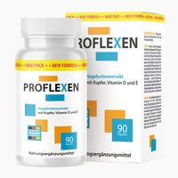 Thumbnail for Dose mit Etikett Proflexen und 90 Kapseln vor passender Faltschachtel mit farbigen Rechtecken