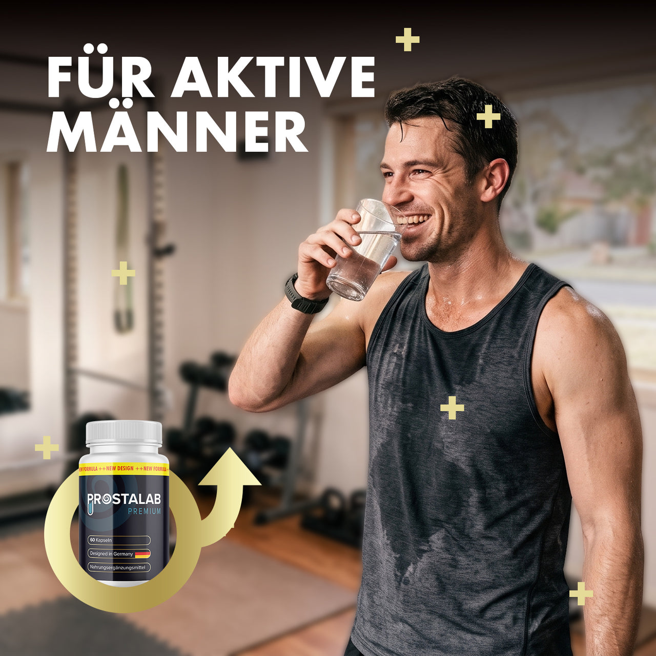 Person trinkt Wasser im Fitnessraum neben Prostalab Premium und Text Für aktive Männer im Bild