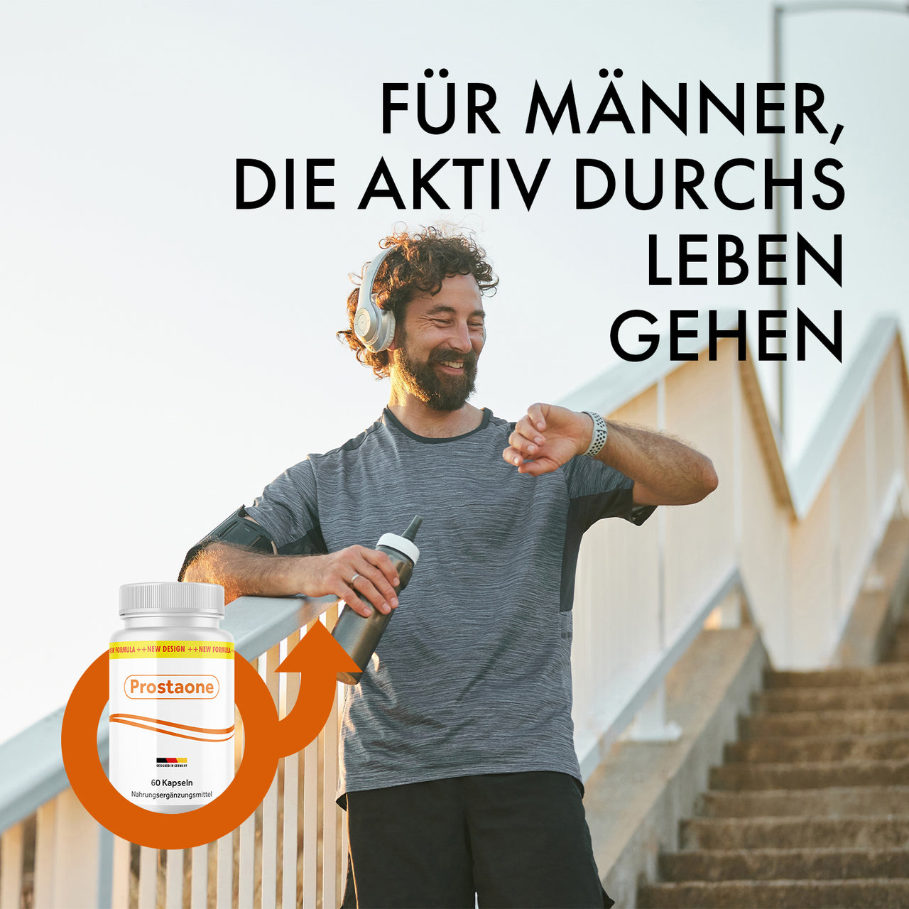 Prostaone mit 60 Kapseln; Mann in Sportkleidung, dazu „Für Männer, die aktiv durchs Leben gehen“