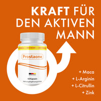 Thumbnail for Werbegrafik für Prostaone mit 60 Kapseln; beworben mit Maca, L-Arginin, L-Citrullin und Zink