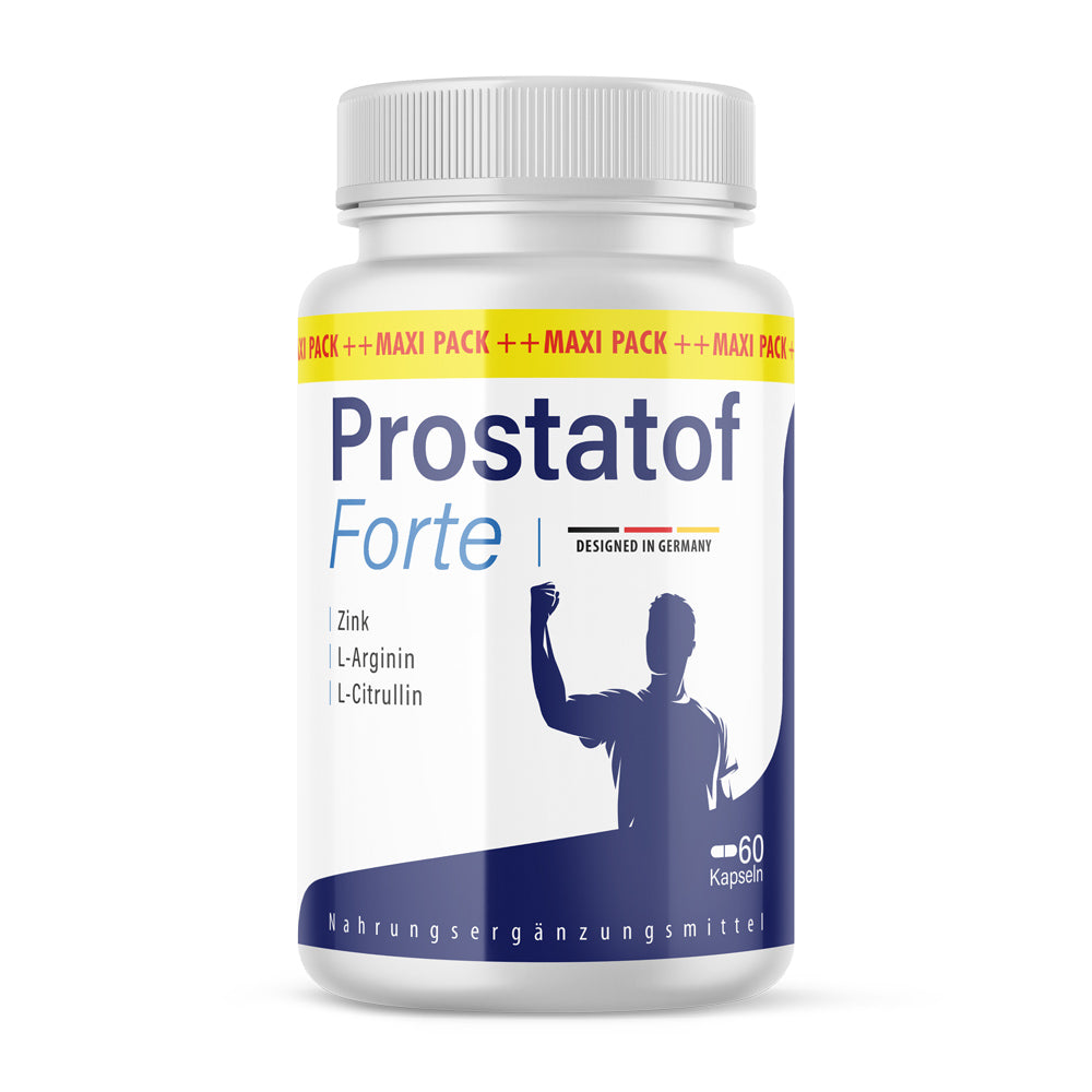 Dose mit Aufdruck Prostatof Forte mit 60 Kapseln, gelbem Streifen und blauer Silhouettenzeichnung
