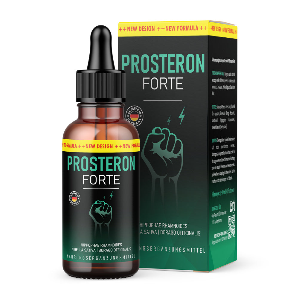 Braune Flasche mit Pipette und Etikett Prosteron Forte 30 ml vor passender Faltschachtel mit Faustsymbol