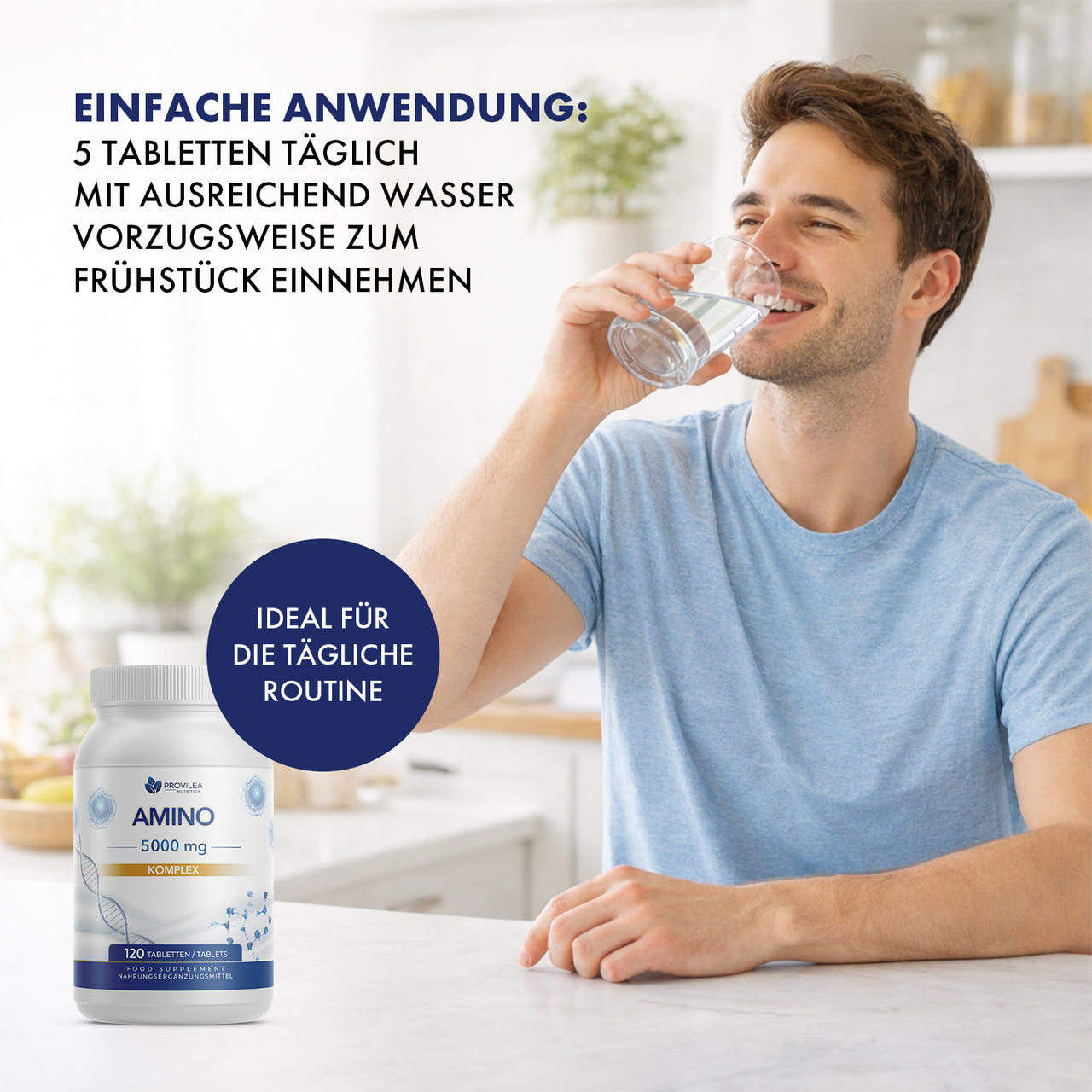 Mann trinkt Wasser am Tisch, links Dose Amino 5000 mg und Text zur Anwendung