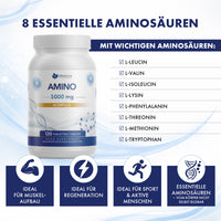 Thumbnail for Verpackung Amino 5000 mg, rechts Auflistung von acht Aminosäuren, unten vier Symbole