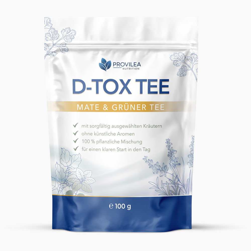 Produktabbildung von Provilea D-Tox Tee Mate und Grüner Tee im Beutel, Inhalt 100 g