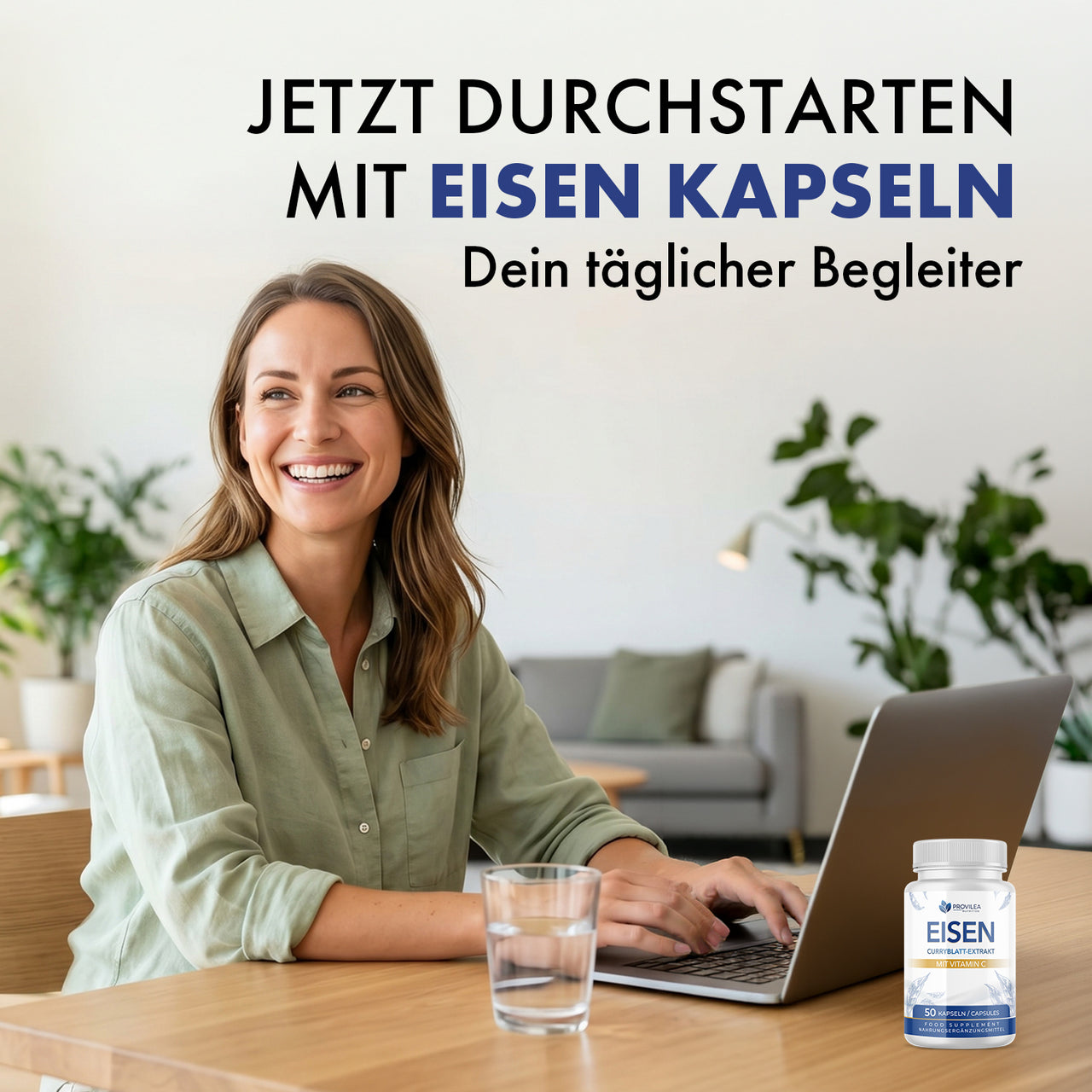 Provilea Eisen Kapseln mit Vitamin C neben Frau am Laptop und Schrift täglicher Begleiter