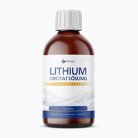 Thumbnail for Braune Lithium Orotat Lösung Flasche mit weißem Deckel und blau-weißem Etikett auf hellem Grund