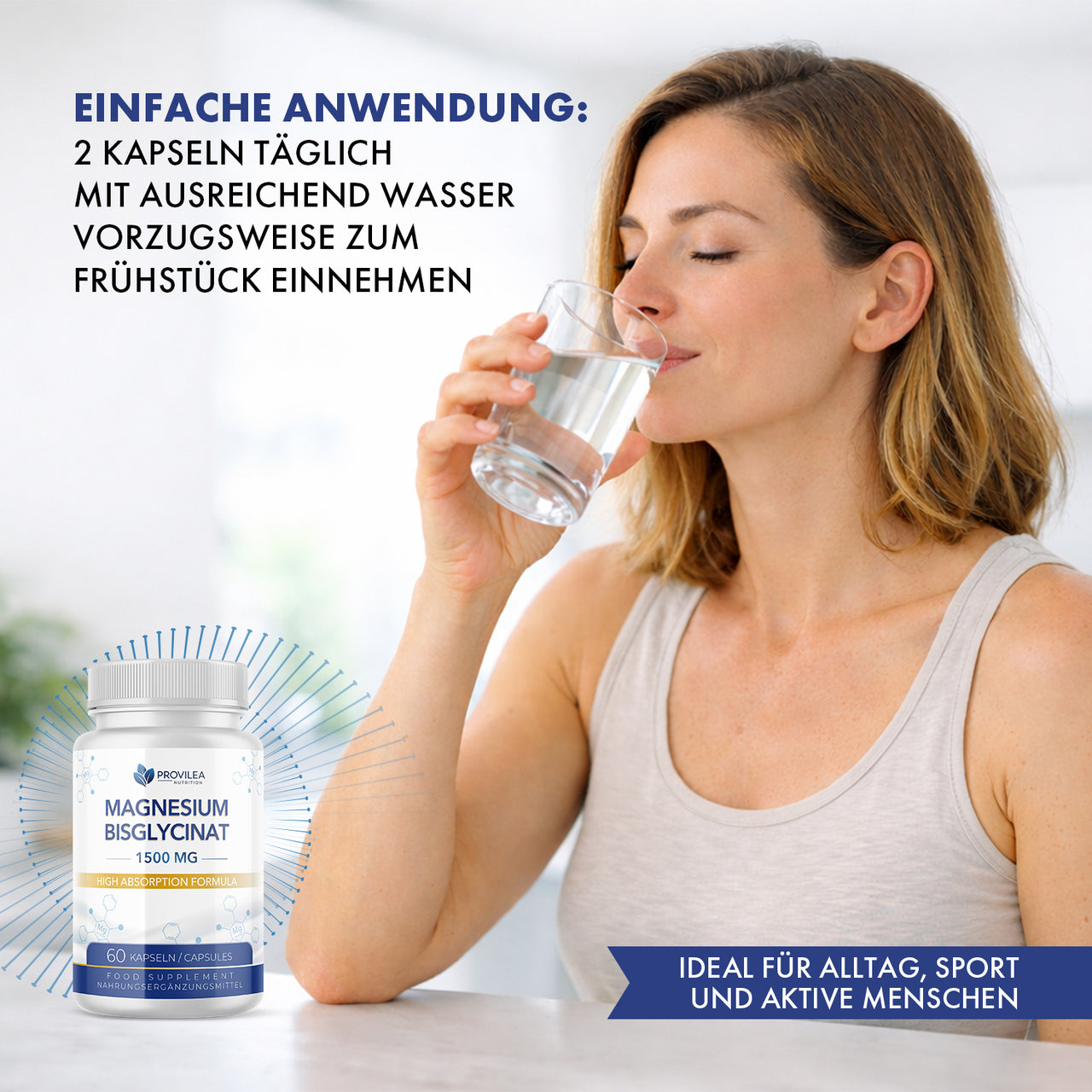 Frau trinkt Wasser, Produktdose links unten, Text zur Anwendung oben links