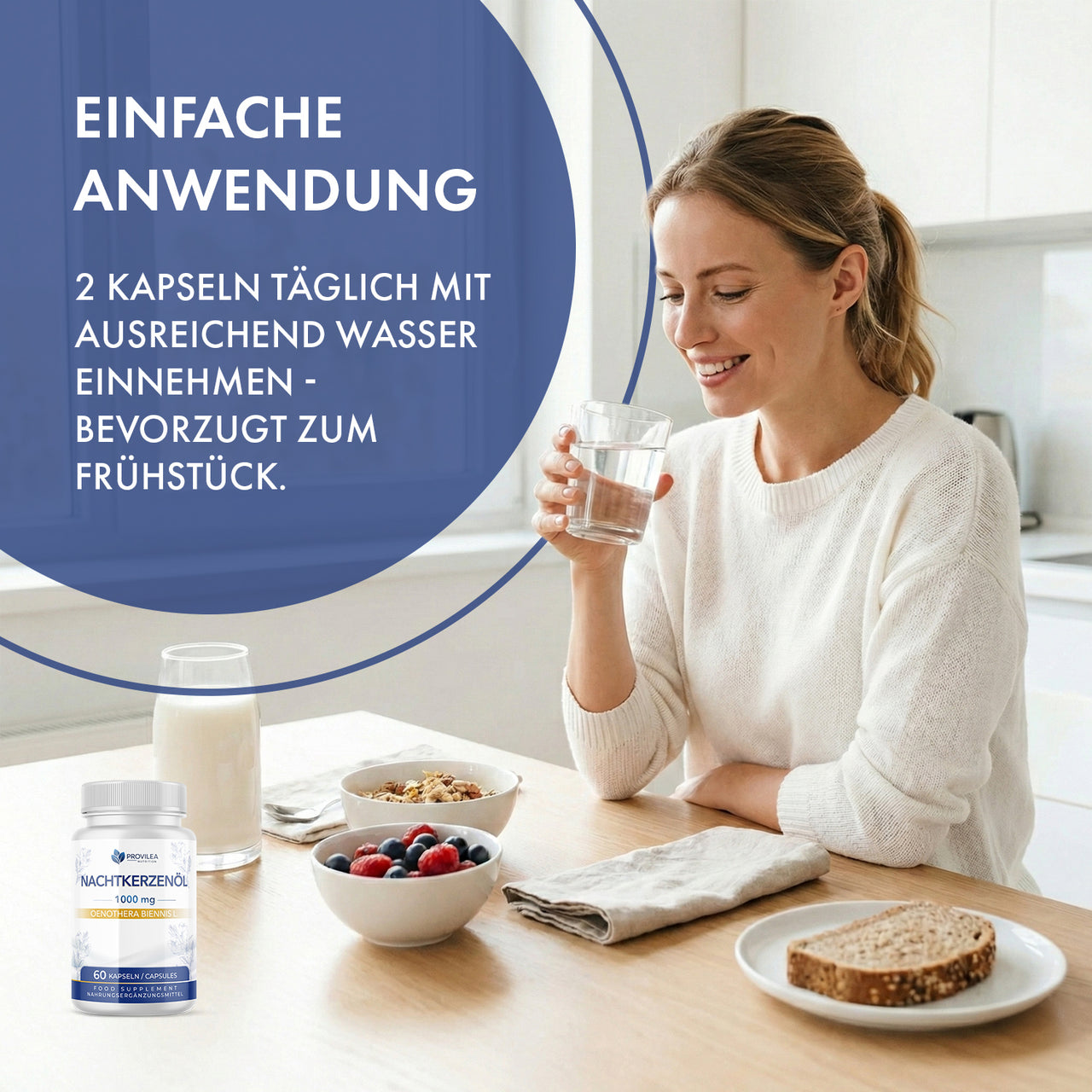 Frau sitzt am Tisch mit Glas Wasser und Frühstück, Text Einfache Anwendung