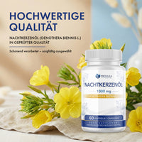 Thumbnail for Nachtkerzenöl 1000 mg Dose neben gelben Blüten, Text Hochwertige Qualität