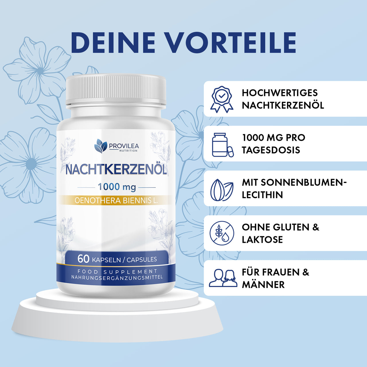 Dose Nachtkerzenöl 1000 mg, 60 Kapseln, daneben Liste mit fünf Angaben
